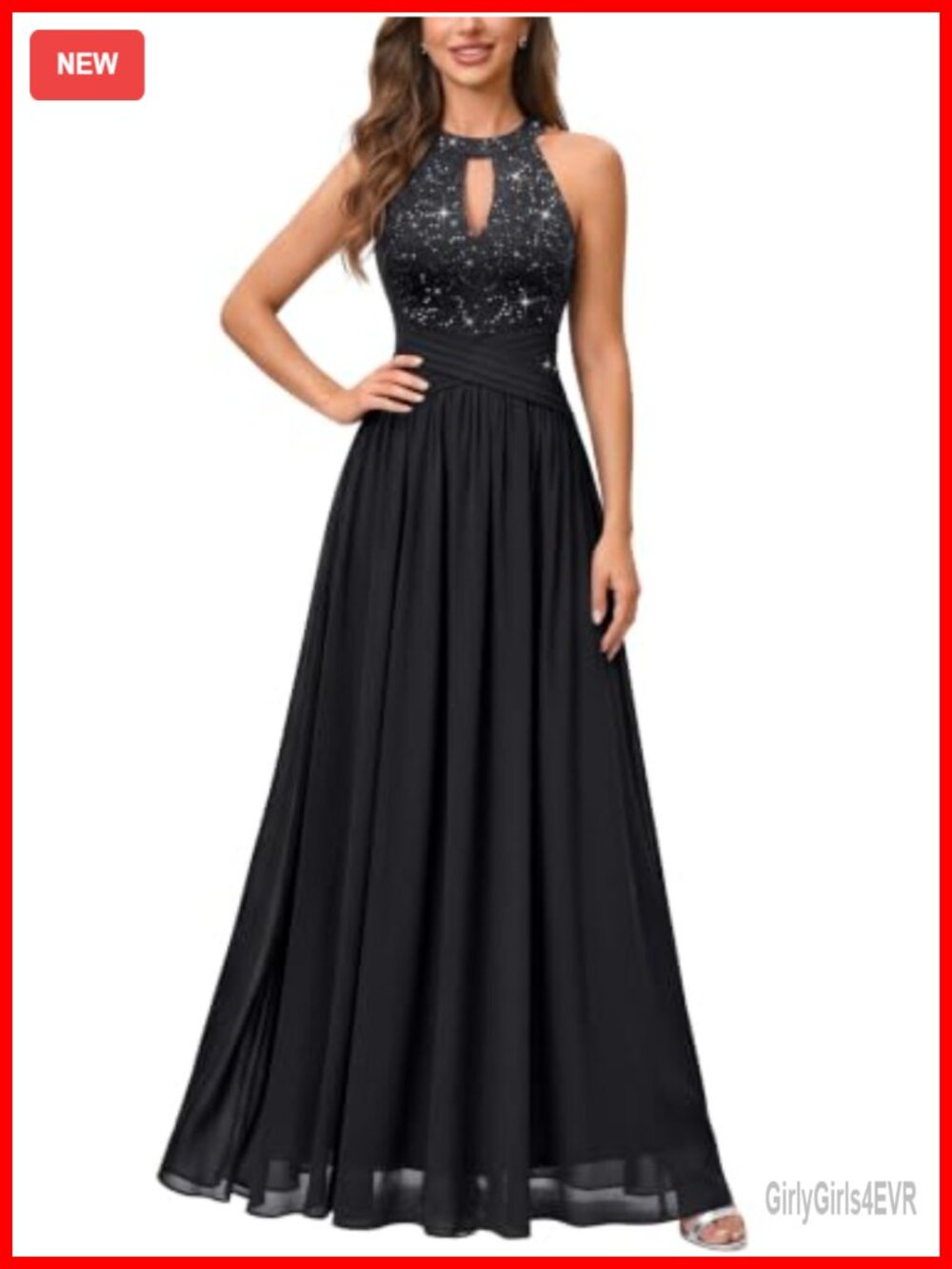 Women's Halter Sleeveless Sequin Lace Chiffon Formal Evening Maxi Dress